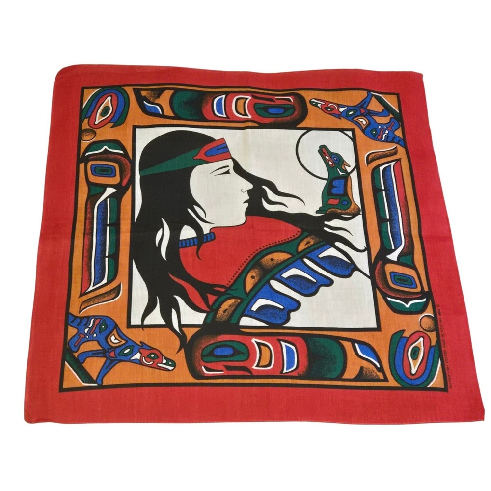 Vintage Native American Style Bandana Scarf Southwestern Totem Bird USA 22"